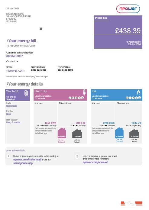 United Kingdom Npower business utility bill template in Word and PDF formats